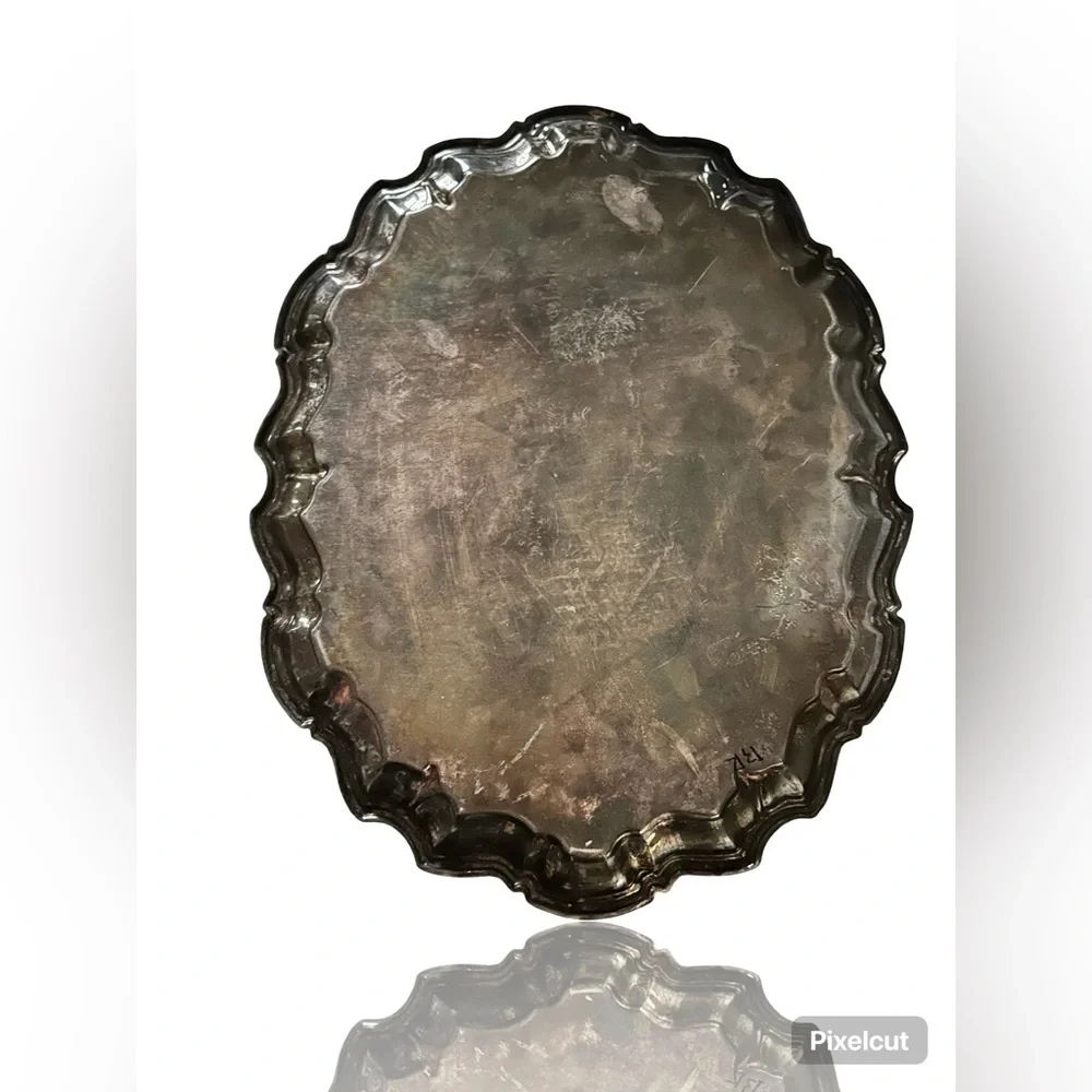 Vintage Genuine Silver Floral-Etched Bathroom Decor Oval Vanity Tray.